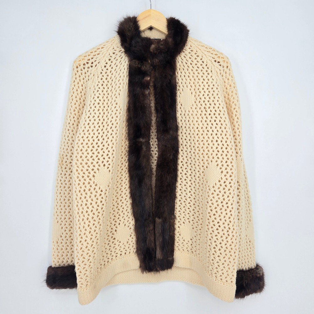 Vintage 100% Wool Knit Cardigan Real Fur Trim Cream Brown Winter Cozy Womens XL